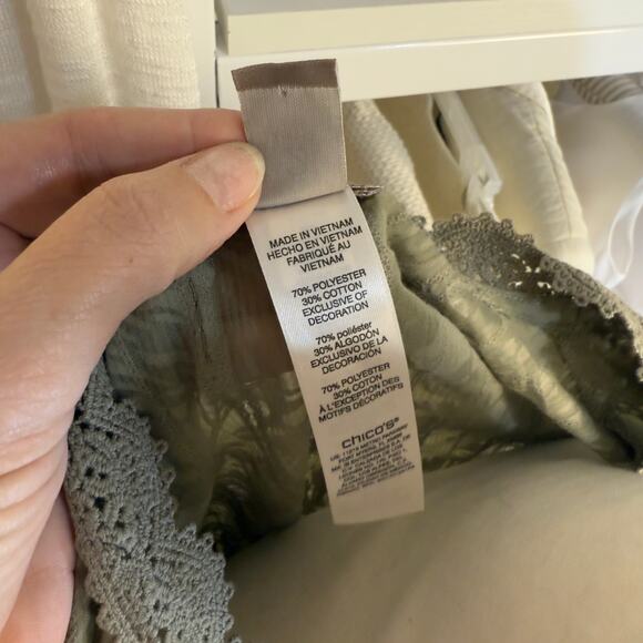 Chico's Women's Size 2 Beige Crochet Trim Palm Leaf Open Front Jacket #3426. - Picture 2 of 8